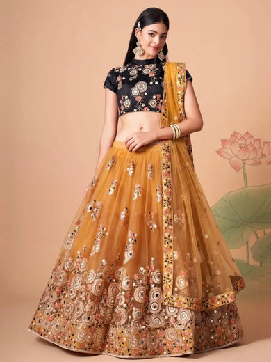 Fabulous Yellow Mirror Embroidered Net Festive Lehenga Choli